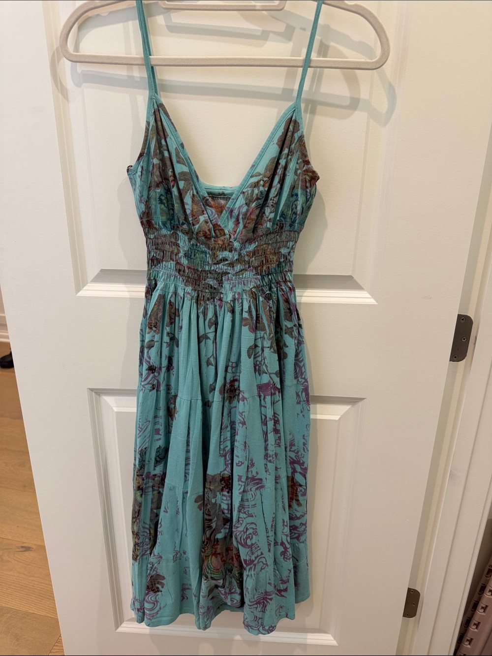 Smocked Spaghetti-Strap Midi Dress in Turquoise Floral
